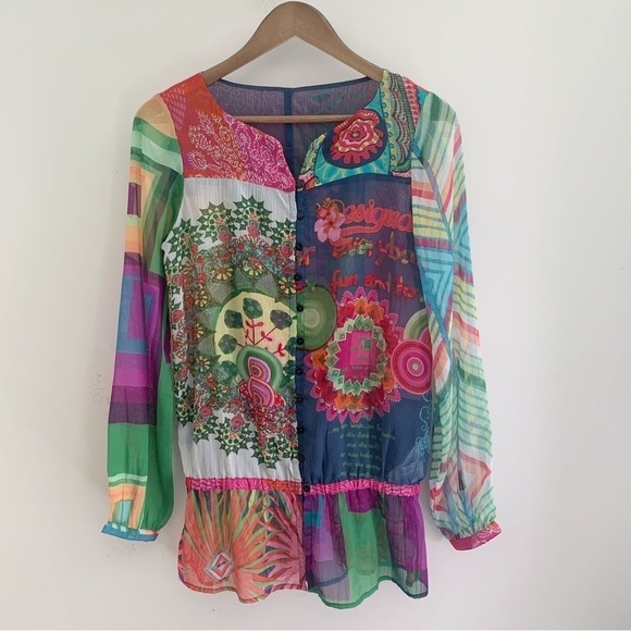Desigual Tops - Desigual Vibrant Mixed Print Gauzy Peplum Tunic Blouse XS